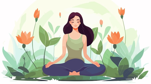 Young Girl Meditating in Lotus Pose Surrounded by Flowers