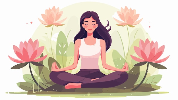 Young Girl Meditating in Lotus Pose Surrounded by Flowers