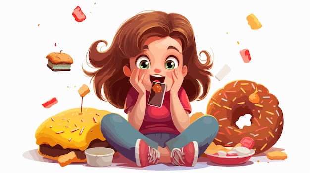 Vector young girl overeating sugar with candy unhealthy eating concept