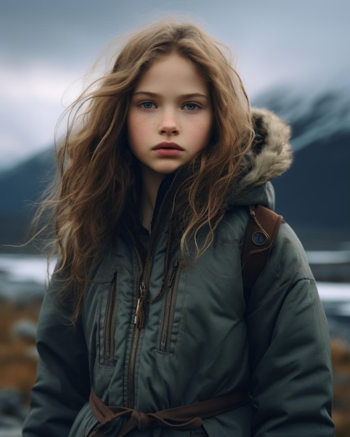 Vector a young girl in a parka standing in front of a mountain