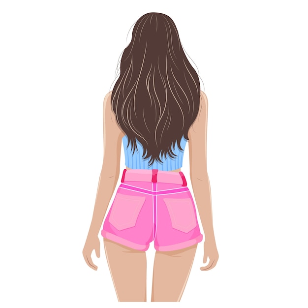 Vector young girl in pink shorts rear view isolated on white background vector graphics