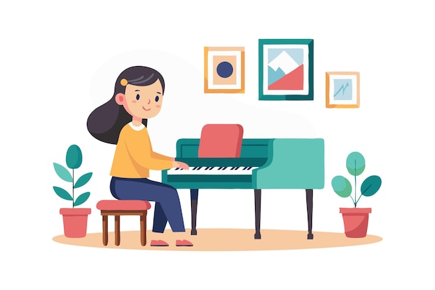 Vector young girl playing piano in a cozy room with framed artwork and plants