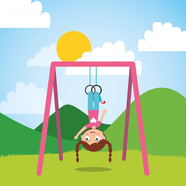 young girl playing with bar rings in the park and sunny day