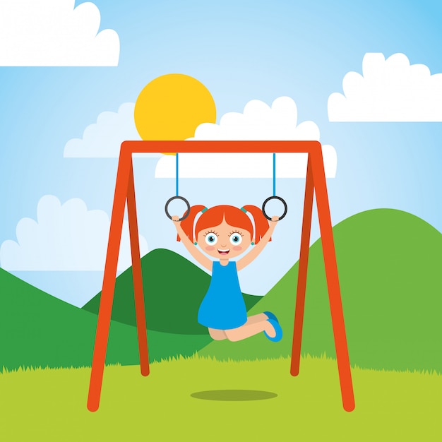 young girl playing with bar rings in the park and sunny day