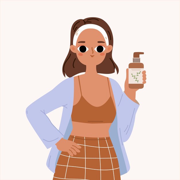 Young girl promoting cosmetics Woman promoter cute morning female character hold lotion bottle Daily routine and self care vector concept