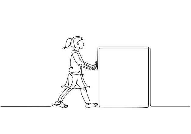 Young girl pushing box one line drawing