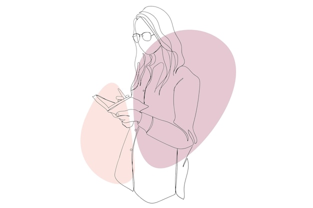 Vector young girl reading book continuous line drawing concept woman in glasses stands and holding book