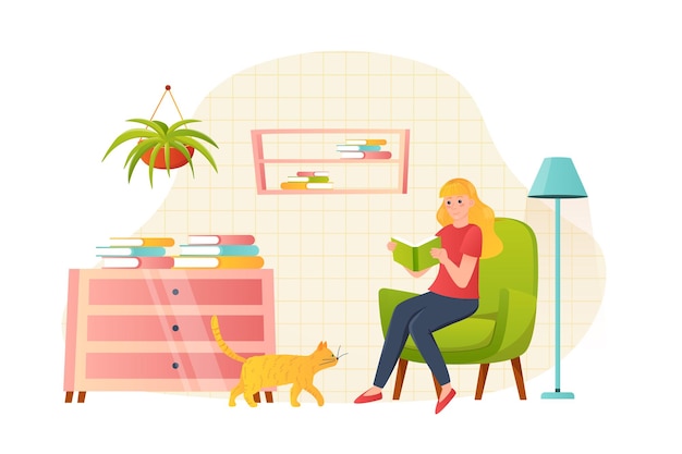 Young girl reading books flat concept people scene Woman reads novel while sitting in comfortable