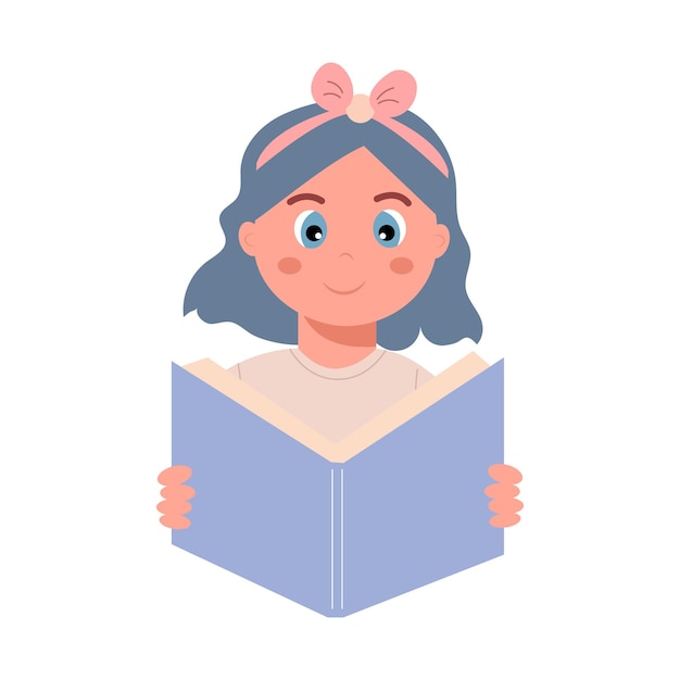 Young girl reading open book. School, education concept.Cute vector illustration in flat style