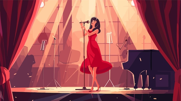 Vector young girl in red dress singing at scene concept