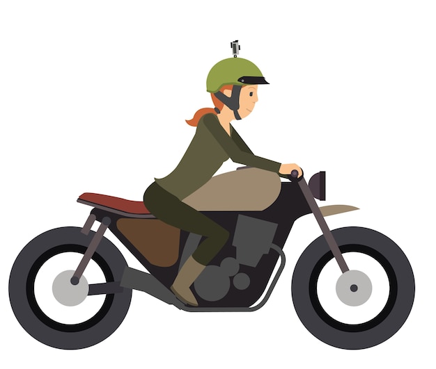 Young girl ride a motorcycle in flat vector