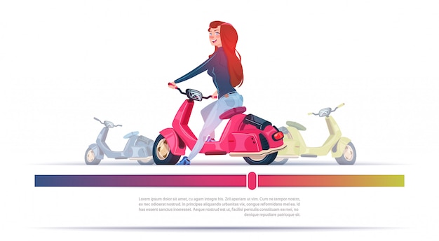 Vector young girl riding electric scooter red vintage motorcycle template banner with copy space