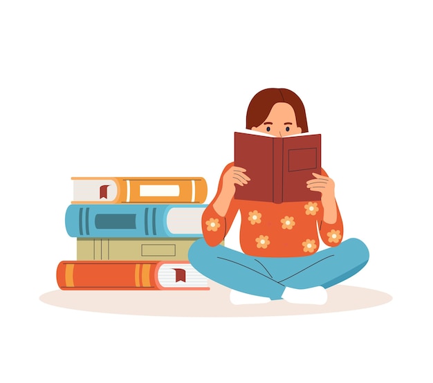 Young girl sitting near pile of books and reading book Vector flat illustration