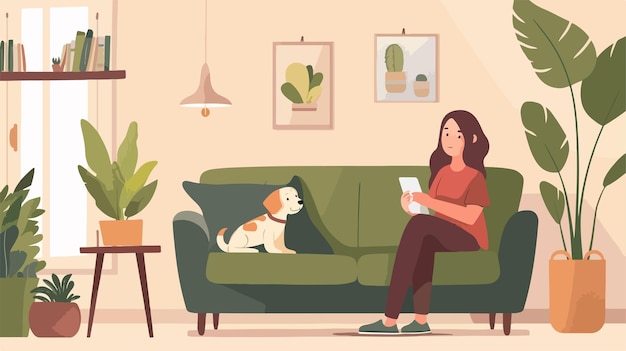 Vector young girl sitting with pet at home