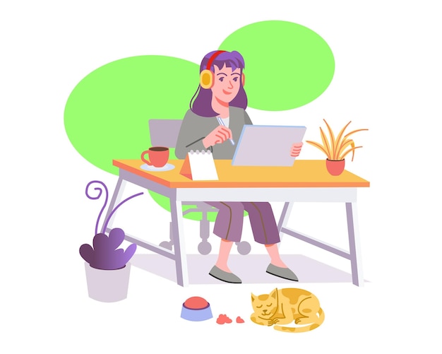 Young Girl Sitting Working and Learning with her Gadget Pen Tablet Modern Illustration