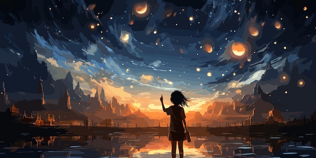 A young girl standing during the day reaching out to grab a star in the night dimension digital art style illustration painting