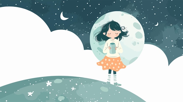 Young girl standing on moon with can in hands