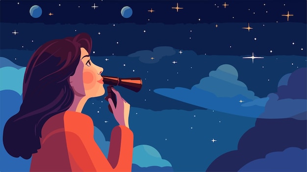 Vector young girl stargazing with spyglass in night sky