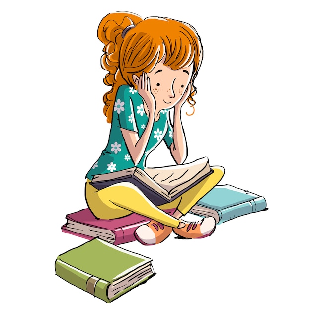 Young girl studying surrounded by books