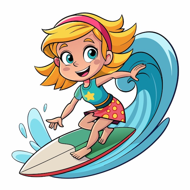 Vector young girl surfing cartoon avatar