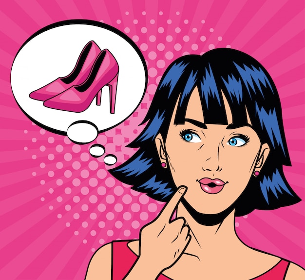 Young girl thinking in shoes pop art style character