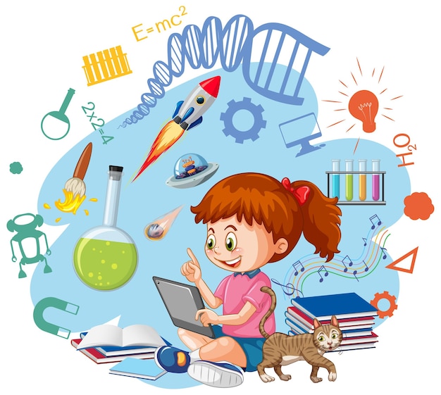 Young girl using tablet with education icons