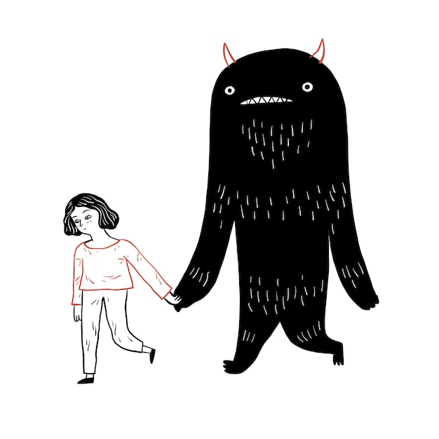 The young girl walking hand in hand with big black monster