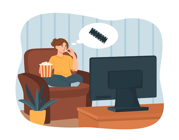 Young girl watch film concept Woman with pop corn sitting at sofa at watch tv show movie or series Evening leisure and entertainment Character with sweet food Cartoon flat vector illustration