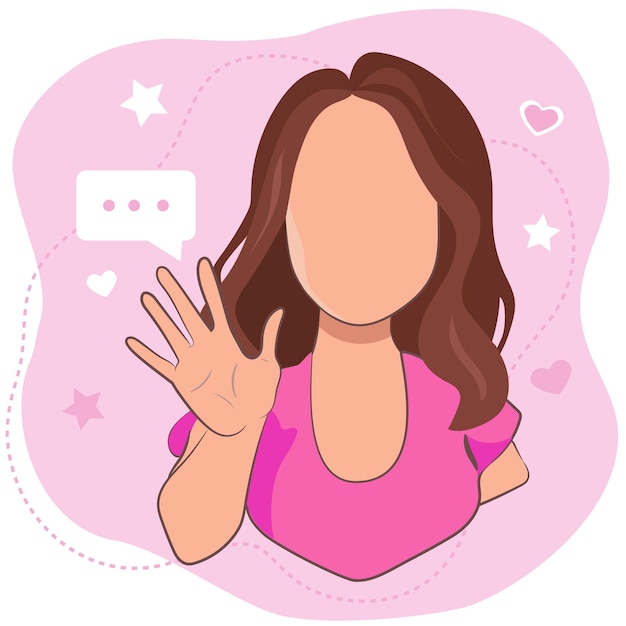 Young girl waving hand greeting or saying goodbye on pink background Cartoon female character