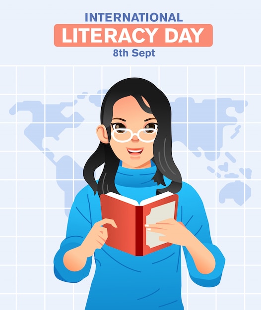 Young girl wearing glasses and reading book with world map as background illustration for international literacy day