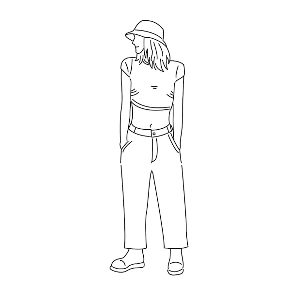 Young girl wearing hat and standing in casual clothes minimal style cartoon