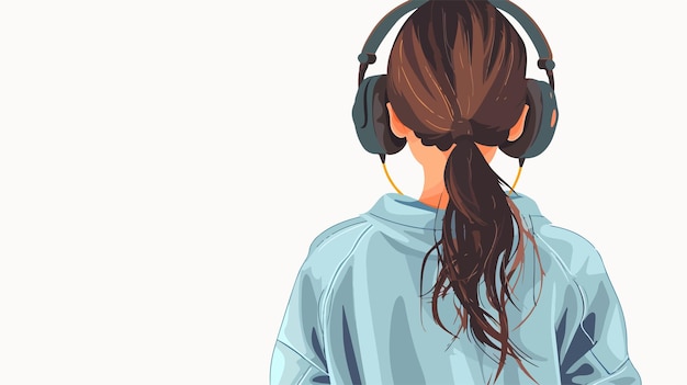 Vector young girl wearing headphones in casual attire viewed from behind