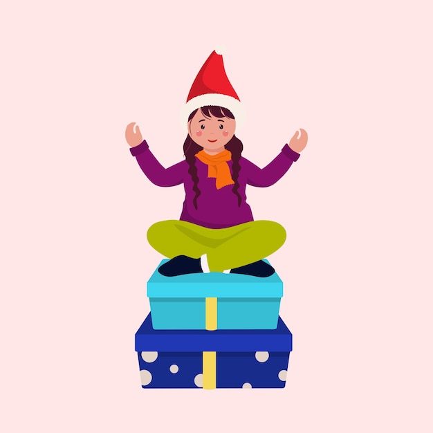 Young Girl Wearing Santa Cap Sitting At Gift Boxes On Pink Backgrouund