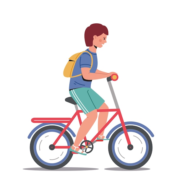 Young girl with backpack riding a bike Illustration of woman biking on bicycle