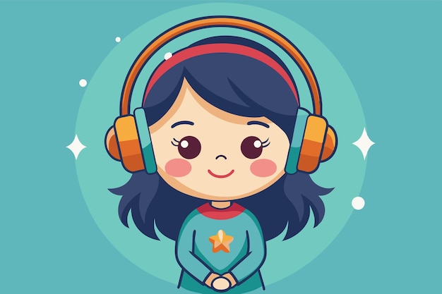 Vector a young girl with dark hair smiles while wearing oversized headphones and a colorful sweatshirt featuring a star the cheerful atmosphere is enhanced by a bright blue background