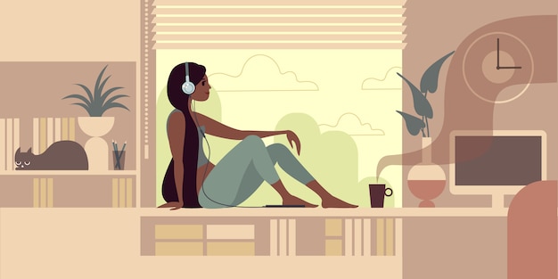 Young girl with headphones and coffee cup sits alone on the windowsill and listens to music.