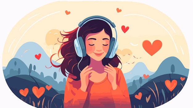 Vector young girl with headphones listening to music