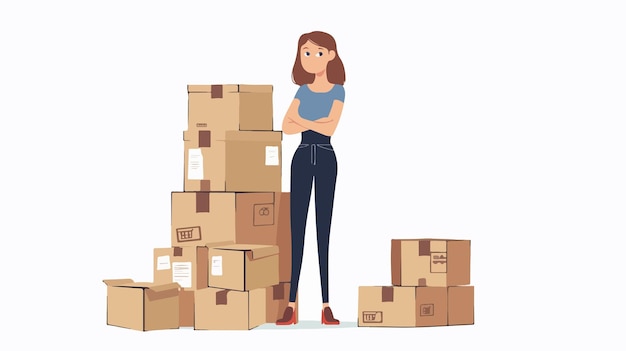 Young Girl with Pile of Boxes Flat Vector Isolated on White