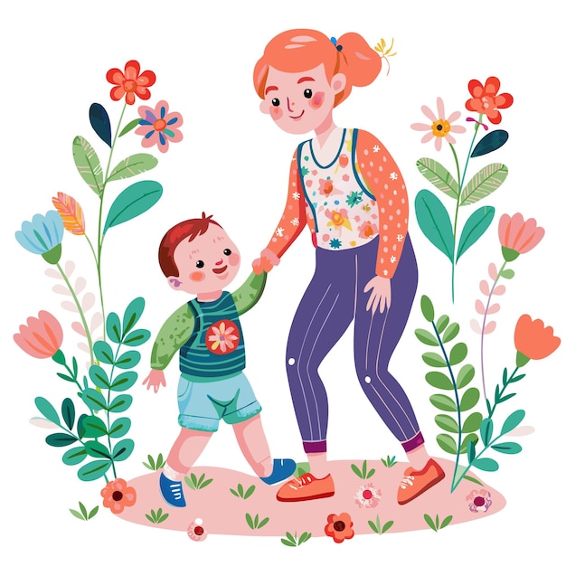 A young girl with red hair is holding hands with a little boy as they walk together on a path surrounded by blooming flowers