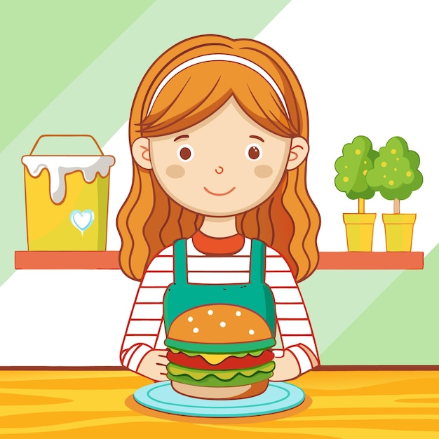 Vector a young girl with red hair wearing a striped shirt and green apron sitting at a table with a hamburger on a plate in front of her smiling