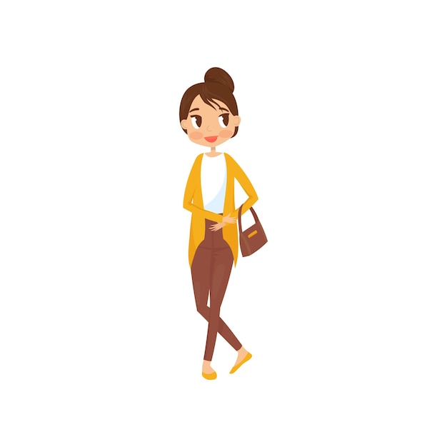 Young girl with smiling face expression in casual clothes cardigan blouse pants and handbag Flat vector illustration