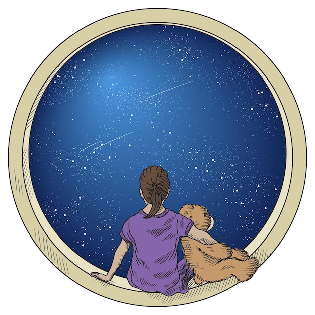 A young girl with teddy bear sits on a round porthole and looks at a star and comets in space