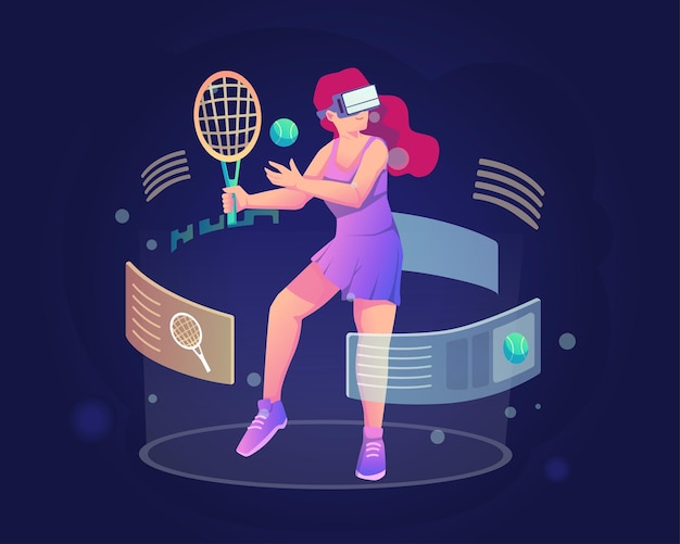 A young girl with a VR headset playing a virtual tennis sports simulator in metaverse illustration