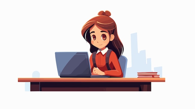 Vector young girl working on laptop at school desk in classroom