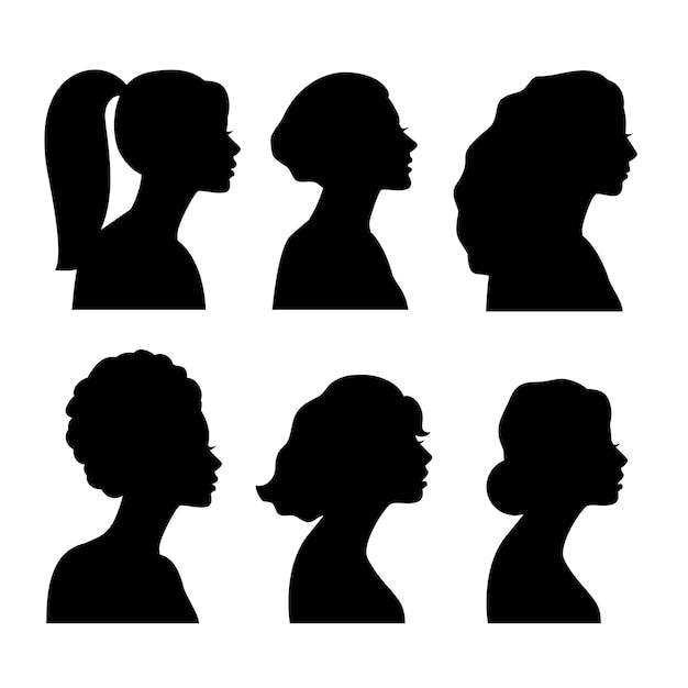 Young girls side silhouettes. Ethnic black white girl heads, woman fashion models blacks persons, beautiful female sides faces, teenager drawing lady profiles portraits vector graph