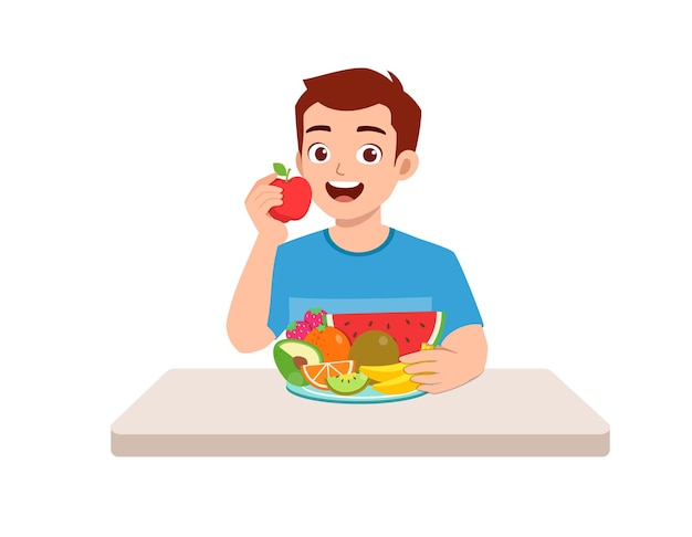 Young good looking man eat fruit and vegetable