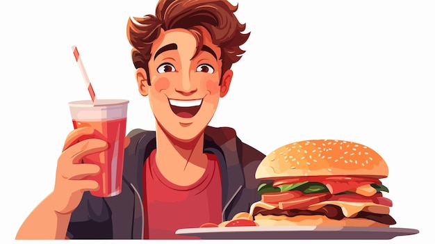 Vector young good looking man enjoying unhealthy fast food cartoon