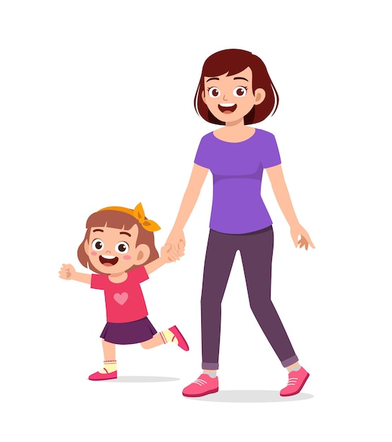 Young good looking mother holding hand and walk with kid