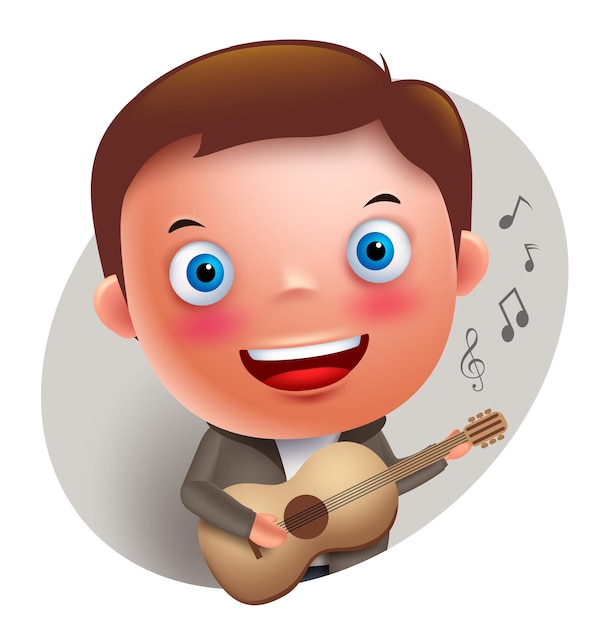 Young guitarist player vector character singing and holding guitar isolated in white background