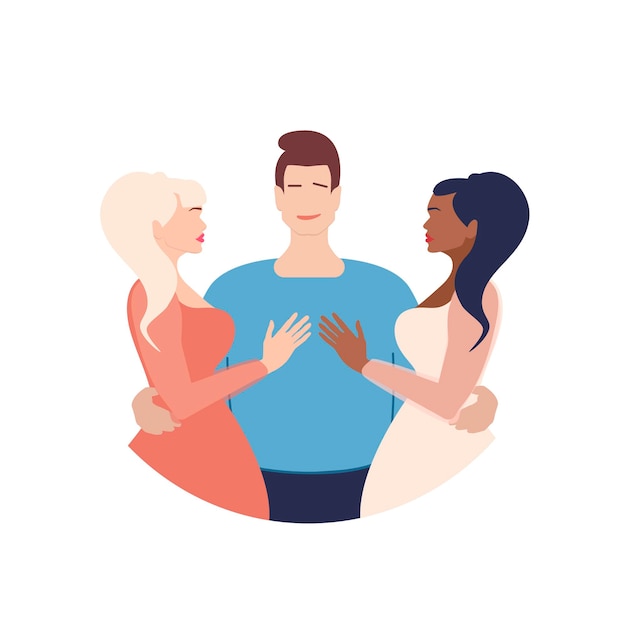  a young guy embraces two beautiful girls. vector illustration 